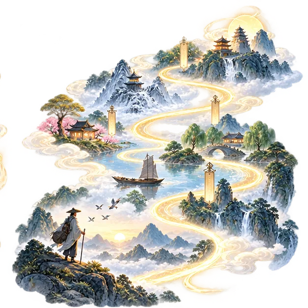 AI 漫游里程碑地图插画